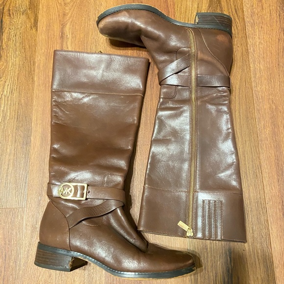 Michael Kors Boots Bryce Tall Riding Brown Leather Knee High Zip - Picture 2 of 14